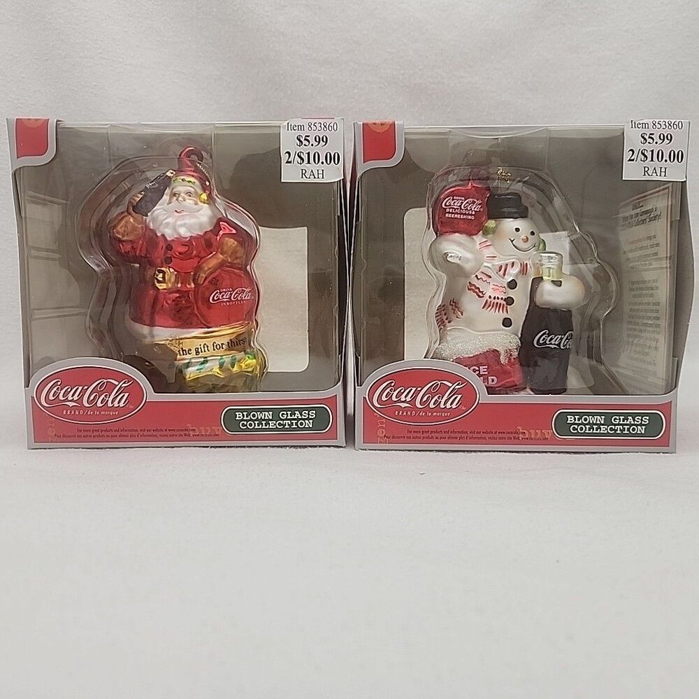 Ornament Coca Cola Blown Glass Snowman Santa Christmas Cavanaugh Set Of 2